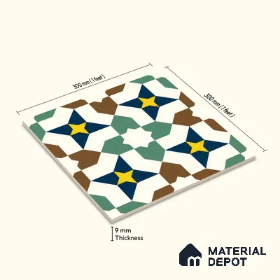 Moroccan Floor & Wall Tile TL 07316 Retro Star 1 ft x 1 ft Ceramic Matte Finish - 9 mm | Suitable For Kitchen, Bathroom, Dining Area | Please Expect a Slight Variation of Pattern