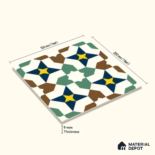 Moroccan Floor & Wall Tile TL 07316 Retro Star 1 ft x 1 ft Ceramic Matte Finish - 9 mm | Suitable For Kitchen, Bathroom, Dining Area | Please Expect a Slight Variation of Pattern