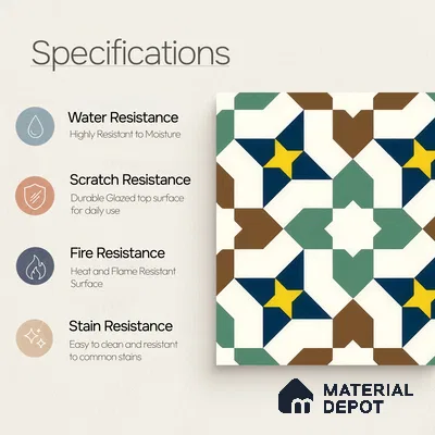Moroccan Floor & Wall Tile TL 07316 Retro Star 1 ft x 1 ft Ceramic Matte Finish - 9 mm | Suitable For Kitchen, Bathroom, Dining Area | Please Expect a Slight Variation of Pattern