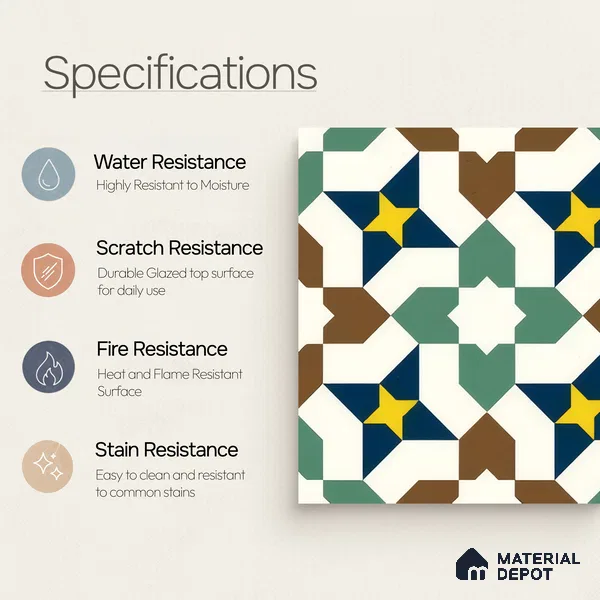 Moroccan Floor & Wall Tile TL 07316 Retro Star 1 ft x 1 ft Ceramic Matte Finish - 9 mm | Suitable For Kitchen, Bathroom, Dining Area | Please Expect a Slight Variation of Pattern