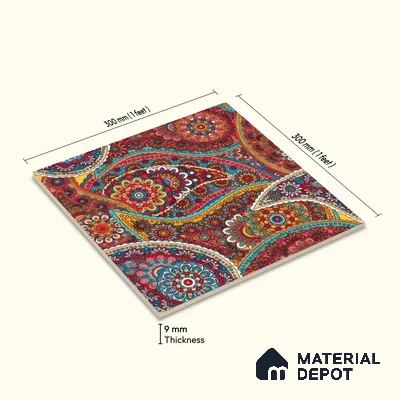 Moroccan Floor & Wall Tile TL 07319 Crimson Bloom 1 ft x 1 ft Ceramic Matte Finish - 9 mm | Suitable For Kitchen, Bathroom, Dining Area | Please Expect a Slight Variation of Pattern