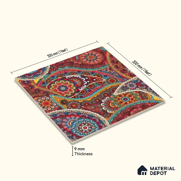 Moroccan Floor & Wall Tile TL 07319 Crimson Bloom 1 ft x 1 ft Ceramic Matte Finish - 9 mm | Suitable For Kitchen, Bathroom, Dining Area | Please Expect a Slight Variation of Pattern