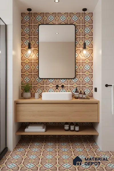 Moroccan Floor & Wall Athangudi Tile TL 07321 Clay Cross 1 ft x 1 ft Ceramic Matte Finish - 9 mm | Suitable For Kitchen, Bathroom, Living Area | Please Expect a Slight Variation of Pattern (Sample)