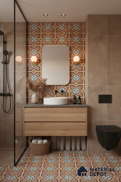 Moroccan Floor & Wall Athangudi Tile TL 07321 Clay Cross 1 ft x 1 ft Ceramic Matte Finish - 9 mm | Suitable For Kitchen, Bathroom, Living Area | Please Expect a Slight Variation of Pattern (Sample)