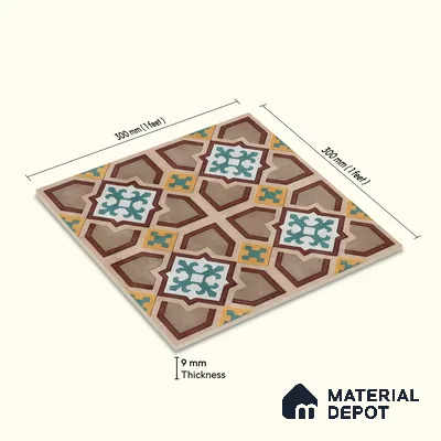Moroccan Floor & Wall Athangudi Tile TL 07321 Clay Cross 1 ft x 1 ft Ceramic Matte Finish - 9 mm | Suitable For Kitchen, Bathroom, Dining Area | Please Expect a Slight Variation of Pattern