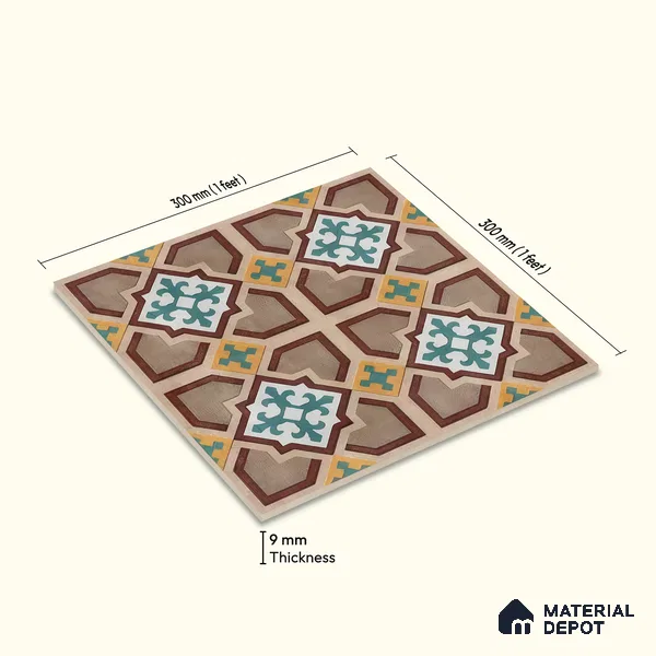 Moroccan Floor & Wall Athangudi Tile TL 07321 Clay Cross 1 ft x 1 ft Ceramic Matte Finish - 9 mm | Suitable For Kitchen, Bathroom, Dining Area | Please Expect a Slight Variation of Pattern
