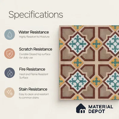 Moroccan Floor & Wall Athangudi Tile TL 07321 Clay Cross 1 ft x 1 ft Ceramic Matte Finish - 9 mm | Suitable For Kitchen, Bathroom, Dining Area | Please Expect a Slight Variation of Pattern