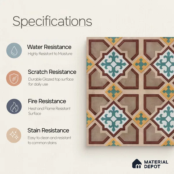 Moroccan Floor & Wall Athangudi Tile TL 07321 Clay Cross 1 ft x 1 ft Ceramic Matte Finish - 9 mm | Suitable For Kitchen, Bathroom, Dining Area | Please Expect a Slight Variation of Pattern