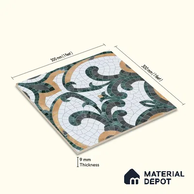 Moroccan Floor & Wall Tile TL 07322 Emerald Arabesque 1 ft x 1 ft Ceramic Matte Finish - 9 mm | Suitable For Kitchen, Bathroom, Dining Area | Please Expect a Slight Variation of Pattern