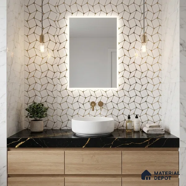 Glass Highligter Wall Tile TL 07337 Golden Mesh 2 ft x 1 ft Glossy Finish Ceramic Tile - 9 mm | Suitable For Bathroom, Kitchen Backsplashes