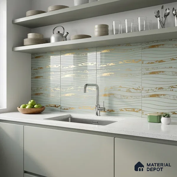 Glass 3D Highlighter Wall Tile TL 07343 Golden Current 2 ft x 1 ft Glossy Finish Ceramic Tile - 9 mm | Suitable For Kitchen, Bathroom & Accent/Feature Wall