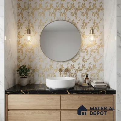 Glass Highlighter Wall Tile TL 07353 Floral Gold 2 ft x 1 ft Matte Finish Ceramic Tile - 9 mm | Suitable For Kitchen, Bathroom & Accent/Feature Wall