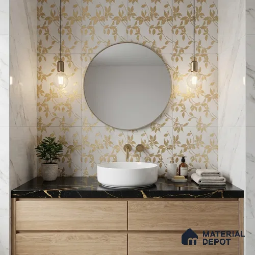 Glass Highligter Wall Tile TL 07353 Floral Gold 2 ft x 1 ft Matte Finish Ceramic Tile - 9 mm | Suitable For Bathroom, Kitchen Backsplashes