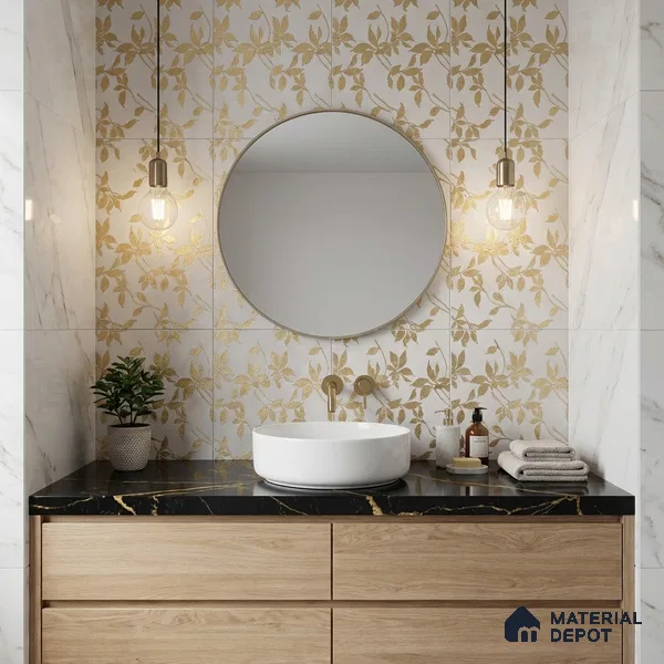 Glass Highlighter Wall Tile TL 07353 Floral Gold 2 ft x 1 ft Matte Finish Ceramic Tile - 9 mm | Suitable For Kitchen, Bathroom & Accent/Feature Wall