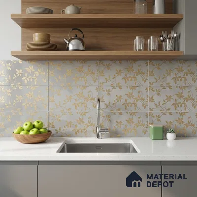 Glass Highlighter Wall Tile TL 07353 Floral Gold 2 ft x 1 ft Matte Finish Ceramic Tile - 9 mm | Suitable For Kitchen, Bathroom & Accent/Feature Wall
