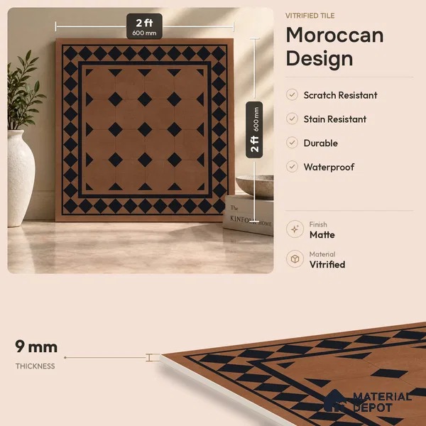 Moroccan Floor & Wall Tile TL 07413 Derby Cotto 2 ft x 2 ft Matte Finish Vitrified Tile - 9 mm | Suitable For Kitchen, Balcony, Bathroom | Please Expect a Slight Variation of Pattern | Random Designs