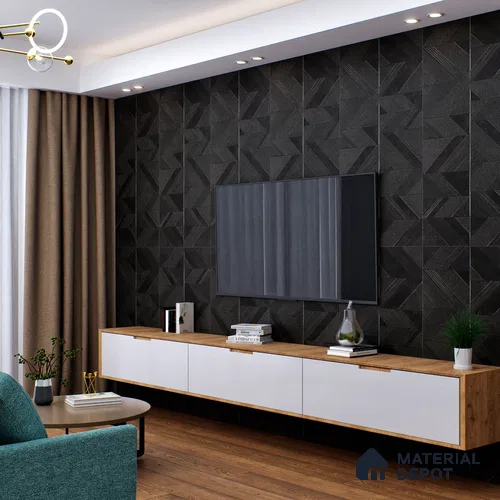 Black Highlighter Wall Tile TL 07444 B Prestige Royal Chevron Elemento Black 4 ft x 2 ft Vitrified Punch Finish - 9 mm | Suitable For Bathroom, Accent/Feature Wall, Dining Area