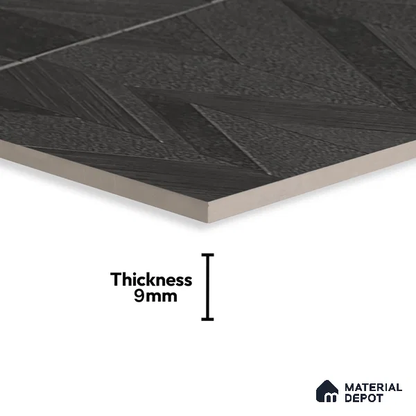 Black Highlighter Wall Tile TL 07444 B Prestige Royal Chevron Elemento Black 4 ft x 2 ft Vitrified Punch Finish - 9 mm | Suitable For Bathroom, Accent/Feature Wall, Dining Area