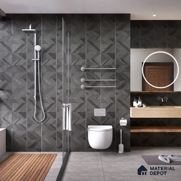 Black Highlighter Wall Tile TL 07444 B Prestige Royal Chevron Elemento Black 4 ft x 2 ft Vitrified Punch Finish - 9 mm | Suitable For Bathroom, Accent/Feature Wall, Dining Area