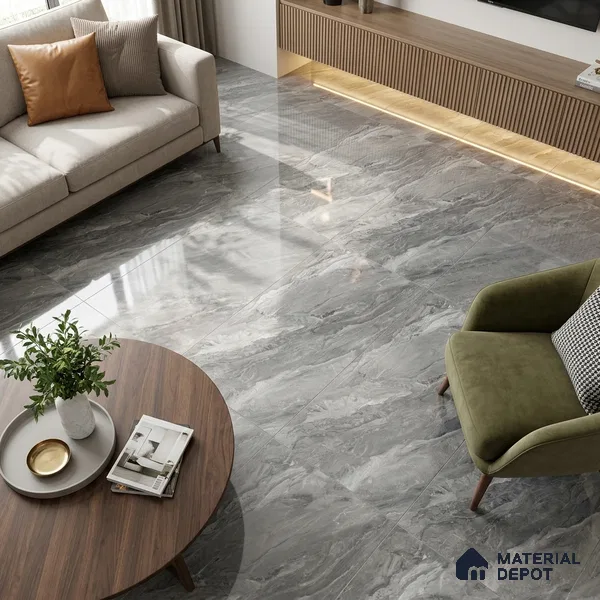 Marble Bardiglio Wall & Floor Tile TL 07447 B Slate Grey 4 ft x 2 ft High Gloss Finish Vitrified Tile - 9 mm | 5 Random Designs | Suitable For Living Room, Bedroom, Dining
