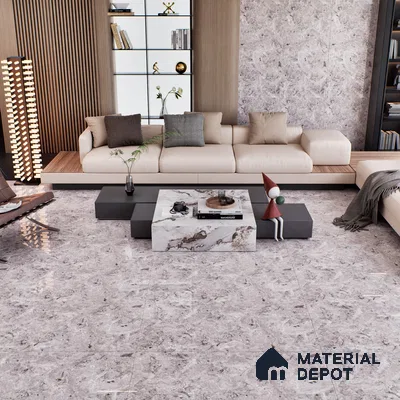 Marble Tundra Grey Wall & Floor Tile TL 07461 D Light Grey 4 ft x 2 ft High Gloss Finish Vitrified Tile - 9 mm | 4 Random Designs | Suitable For Living Room, Bedroom, Dining