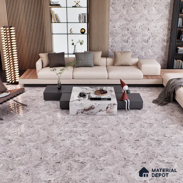 Marble Tundra Grey Wall & Floor Tile TL 07461 D Light Grey 4 ft x 2 ft High Gloss Finish Vitrified Tile - 9 mm | 4 Random Designs | Suitable For Living Room, Bedroom, Dining