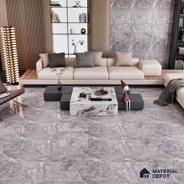 Marble Tundra Grey Wall & Floor Tile TL 07463 B Stone Grey 4 ft x 2 ft High Gloss Finish Vitrified Tile - 9 mm | 6 Random Designs | Suitable For Living Room, Bedroom, Dining