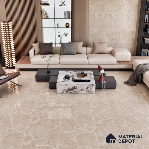 Marble Botticino Wall & Floor Tile TL 07464 B Taupe Beige 4 ft x 2 ft High Gloss Finish Vitrified Tile - 9 mm | 3 Random Designs | Suitable For Living Room, Bedroom, Dining