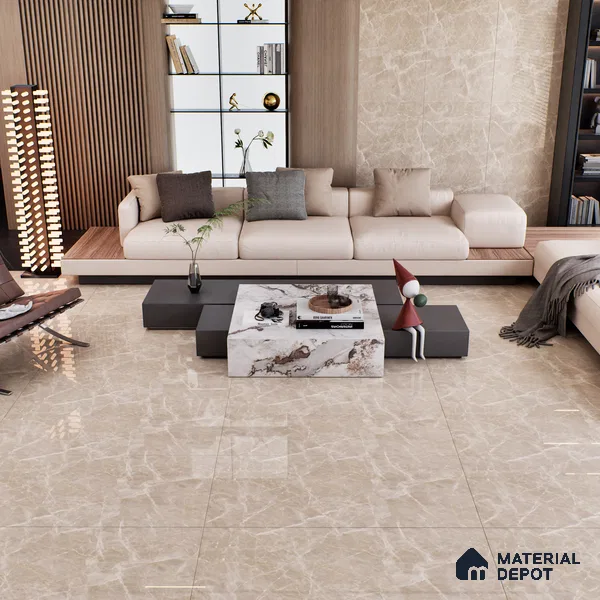 Marble Botticino Wall & Floor Tile TL 07464 B Taupe Beige 4 ft x 2 ft High Gloss Finish Vitrified Tile - 9 mm | 3 Random Designs | Suitable For Living Room, Bedroom, Dining