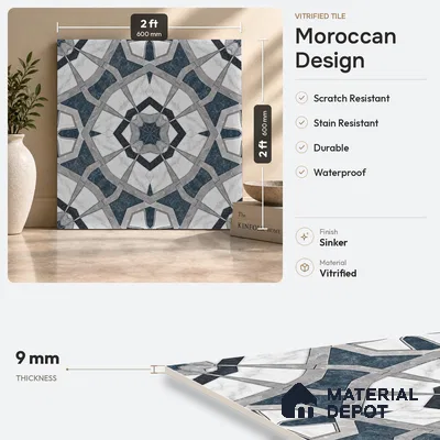 Moroccan Look Floor & Wall Tile TL 07500 Izar 2 ft x 2 ft Sinker Finish Vitrified Tile - 9 mm | Suitable For Balcony, Terrace, Courtyard | Please Expect a Slight Variation of Pattern