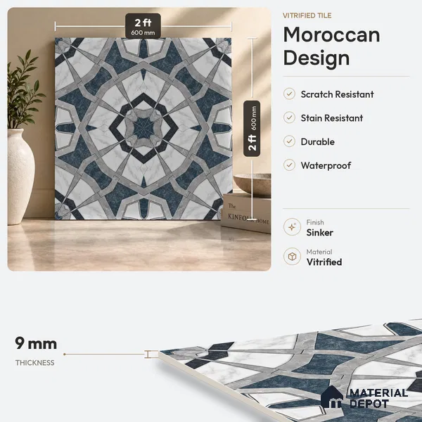 Moroccan Look Floor & Wall Tile TL 07500 Izar 2 ft x 2 ft Sinker Finish Vitrified Tile - 9 mm | Suitable For Balcony, Terrace, Courtyard | Please Expect a Slight Variation of Pattern