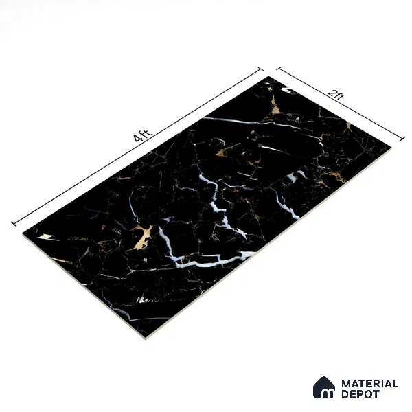 Marble Portoro Wall & Floor Tile TL 07502 Jet Black 4 ft x 2 ft High Gloss Finish Vitrified Tile - 9 mm | Suitable For Living Room, Bedroom, Dining