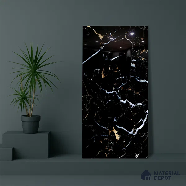 Marble Portoro Wall & Floor Tile TL 07502 Jet Black 4 ft x 2 ft High Gloss Finish Vitrified Tile - 9 mm | Suitable For Living Room, Bedroom, Dining