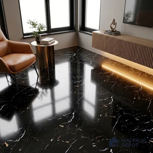 Marble Portoro Wall & Floor Tile TL 07502 Jet Black 4 ft x 2 ft High Gloss Finish Vitrified Tile - 9 mm | Suitable For Living Room, Bedroom, Dining