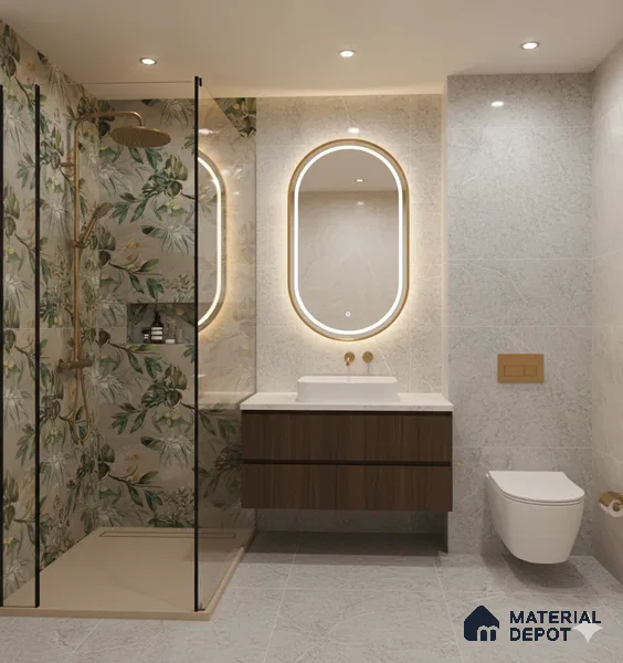 Tropical Wall Tile TL 07545 C Monstera Grey Decor B 4 ft x 2 ft Designer Tiles Vitrified Matte Finish - 9 mm | Suitable for Bathroom, Accent/Feature Wall, Basin Area