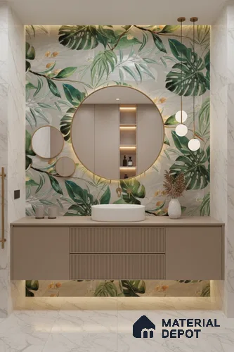 Tropical Wall Tile TL 07545 C Monstera Grey Decor B 4 ft x 2 ft Designer Tiles Vitrified Matte Finish - 9 mm | Suitable for Bathroom, Accent/Feature Wall, Basin Area