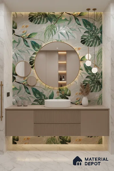 Tropical Wall Tile TL 07545 C Monstera Grey Decor B 4 ft x 2 ft Designer Tiles Vitrified Matte Finish - 9 mm | Suitable for Bathroom, Accent/Feature Wall, Basin Area