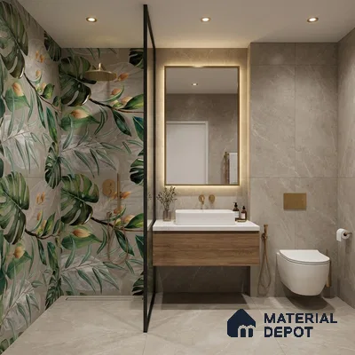 Tropical Wall Tile TL 07545 C Monstera Grey Decor B 4 ft x 2 ft Designer Tiles Vitrified Matte Finish - 9 mm | Suitable for Bathroom, Accent/Feature Wall, Basin Area