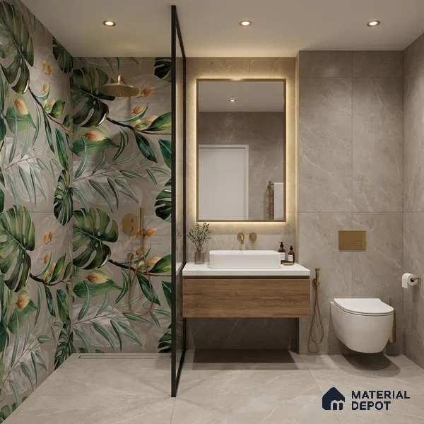 Tropical Wall Tile TL 07545 C Monstera Grey Decor B 4 ft x 2 ft Designer Tiles Vitrified Matte Finish - 9 mm | Suitable for Bathroom, Accent/Feature Wall, Basin Area