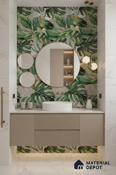 Tropical Wall Tile TL 07545 Monstera Grey Decor A 4 ft x 2 ft Designer Tiles Vitrified Matte Finish - 9 mm  Suitable For Living Room, Bedroom, Bathroom, Dining