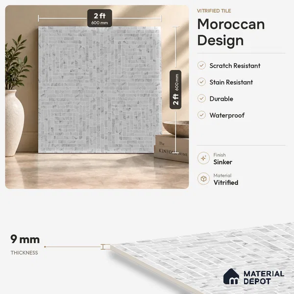 Moroccan Look Floor & Wall Tile TL 07608 Atria 2 ft x 2 ft Sinker Finish Vitrified Tile - 9 mm | Suitable For Balcony, Bathroom, Terrace | Please Expect a Slight Variation of Pattern