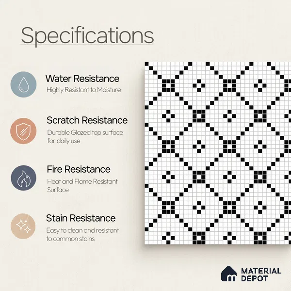 Moroccan Floor & Wall Tile TL 07614 Monochrome Mosaic Grid 1 ft x 1 ft Matte Finish Vitrified Tile - 9 mm | Suitable For Bathroom, Kitchen, Dining Area | Please Expect a Slight Variation of Pattern