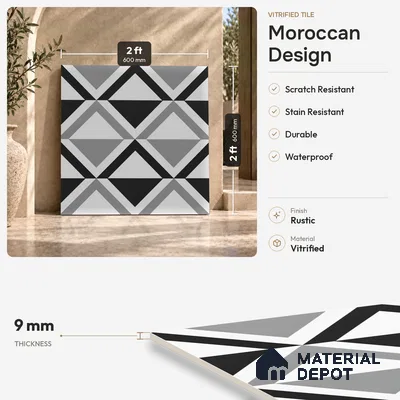 Moroccan Look Floor & Wall Tile TL 07619 Prism Monochrome 2 ft x 2 ft Rustic Carving Matte Finish Vitrified Tile - 9 mm | Suitable For Kitchen, Bathroom, Dining Area | Please Expect a Slight Variation of Pattern
