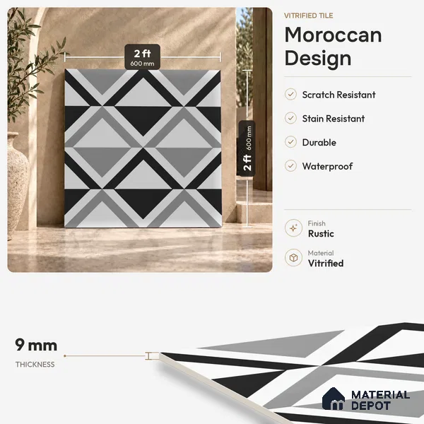 Moroccan Look Floor & Wall Tile TL 07619 Prism Monochrome 2 ft x 2 ft Rustic Carving Matte Finish Vitrified Tile - 9 mm | Suitable For Kitchen, Bathroom, Dining Area | Please Expect a Slight Variation of Pattern