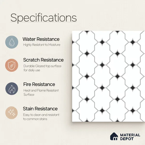Moroccan Floor & Wall Tile TL 07626 Monochrome Lattice 1 ft x 1 ft Matte Finish Vitrified Tile - 9 mm | Suitable For Bathroom, Kitchen, Dining Area | Please Expect a Slight Variation of Pattern