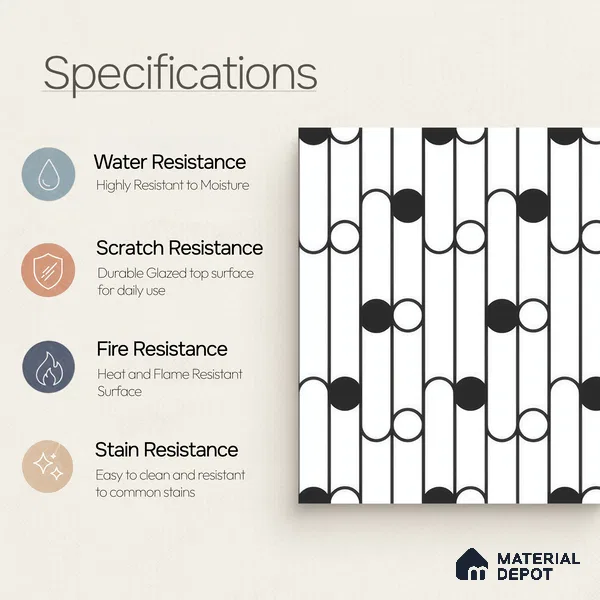 Moroccan Floor & Wall Tile TL 07627 Monochrome Artline Noir 1 ft x 1 ft Matte Finish Vitrified Tile - 9 mm | Suitable For Bathroom, Kitchen, Entryway | Please Expect a Slight Variation of Pattern