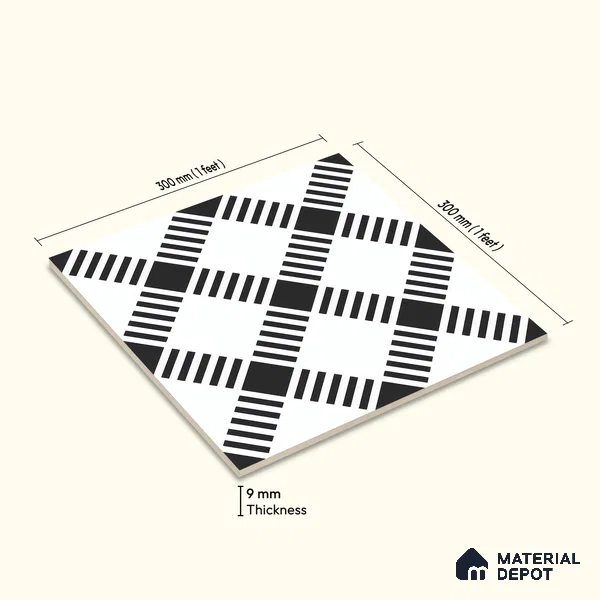 Moroccan Floor & Wall Tile TL 07628 Monochrome Matrix 1 ft x 1 ft Matte Finish Vitrified Tile - 9 mm | Suitable For Bathroom, Kitchen, Entryway | Please Expect a Slight Variation of Pattern