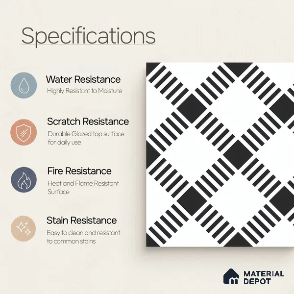 Moroccan Floor & Wall Tile TL 07628 Monochrome Matrix 1 ft x 1 ft Matte Finish Vitrified Tile - 9 mm | Suitable For Bathroom, Kitchen, Entryway | Please Expect a Slight Variation of Pattern