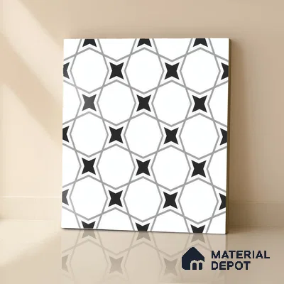 Moroccan Floor & Wall Tile TL 07629 Monochrome Star Lattice 1 ft x 1 ft Matte Finish Vitrified Tile - 9 mm | Suitable For Bathroom, Kitchen, Entryway | Please Expect a Slight Variation of Pattern