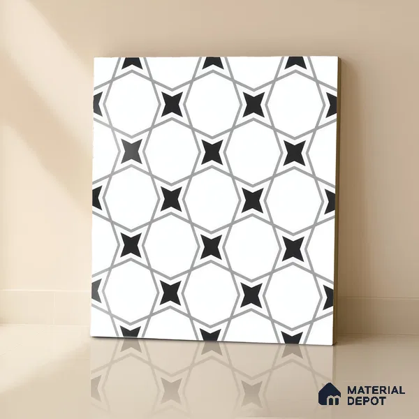 Moroccan Floor & Wall Tile TL 07629 Monochrome Star Lattice 1 ft x 1 ft Matte Finish Vitrified Tile - 9 mm | Suitable For Bathroom, Kitchen, Entryway | Please Expect a Slight Variation of Pattern